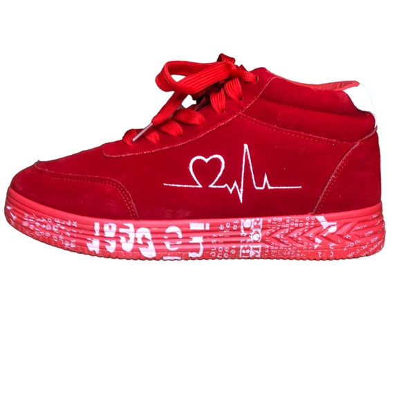 Omega Walk Nursing Love Sports Love Print Red Velour Mid Top Lace Up Shoes - Picture 4 of 8